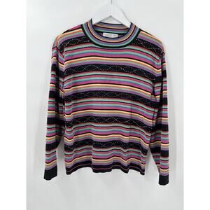 Napa Valley Sweater Womens 1X Black Rainbow Striped Crewneck Knit Top Pullover